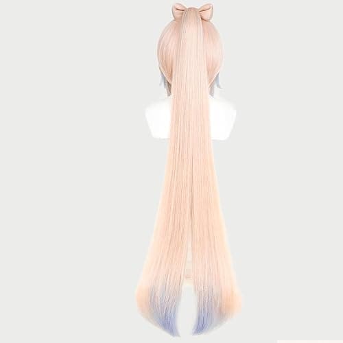 maysuwell Anime Pink Mixed Blue Wigs with Bangs Long Straight Hair with Ponytail Pre-made Bows Game Character Cosplay Wig Halloween,Christmas,Comic con,Game Show thumbnail 5