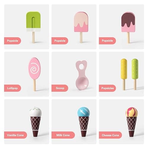 ROBUD Wooden Ice Cream Cart Toys for Kids, Toddlers Pretend Play Food Truck, Gift for Girls and Boys 3 Years & Up, Pink thumbnail 5