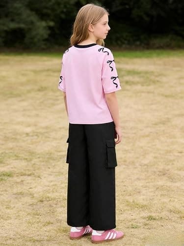 Afsmlys Tween Girls Clothes Short Sleeve Graphic T-Shirt Top + Cargo Pants 2pcs Outfit Set, Size 7-15Years thumbnail 7