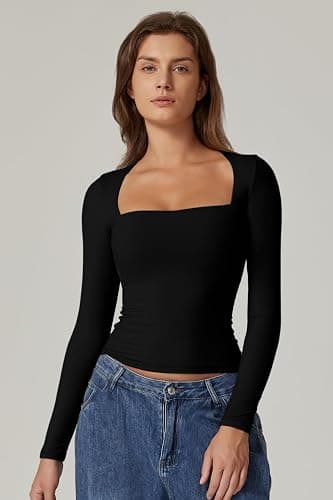 QINSEN Women's Sexy Square Neck Shirt Long Sleeve Double Lined Tees Fitted Going Out Tops thumbnail 5