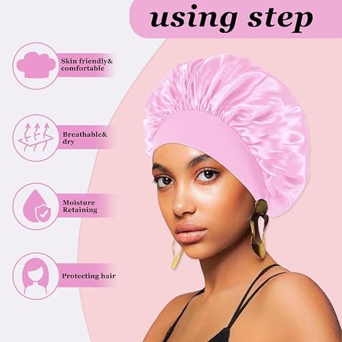4PCS Satin Hair Bonnet for Sleeping,Bonnets for Black Women Men,Silk Bonnet for Sleeping,Hair Wrap Cap for Curly Hair,Elastic Wide Band Hair Bonnet Shower Cap (Black & Blue & Pink & Purple) thumbnail 3