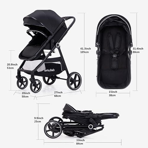 Lortsybab 2-in-1 Baby Stroller - Folding Infant Newborn Pram Stroller with Reversible Seat - Toddler Strollers for 0-36 Months Old Babies thumbnail 2