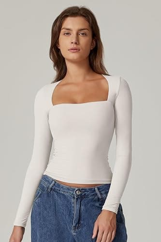 QINSEN Women's Sexy Square Neck Shirt Long Sleeve Double Lined Tees Fitted Going Out Tops thumbnail 5