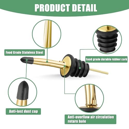 WAFJAMF 12 Pcs Liquor Pour Spouts Set, Stainless Steel Liquor Bottle Pourers with Rubber Dust Caps, for Pours Liquid, Olive Oil, Wine, Vinegar (Gold-12 Pack) thumbnail 4