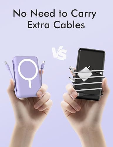 podoru for Magsafe Battery Pack, 10000mAh Magnetic Power Bank Built-in Double USB C Cables 20W PD Fast Charging LED Display Wireless Portable Charger for iPhone 17/16/15/14/13/12 Series-Purple thumbnail 4