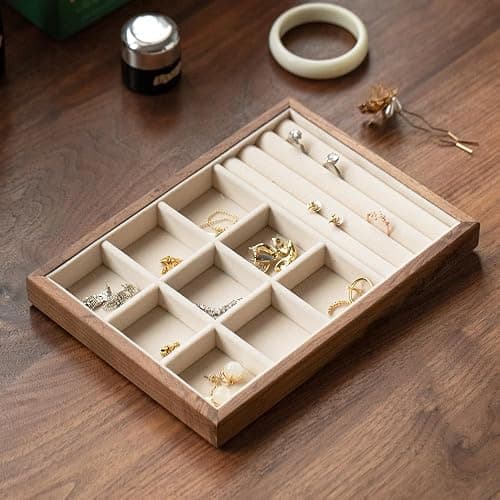 MIGAKU HOME 9 Grid +3 Line Black Walnut Wooden Jewelry Tray Organizer with Velvet Lining - Premium Jewelry Storage for Rings, Earrings, Brooches, LuxuryJewelry Drawer Organizer & Display Tray thumbnail 4