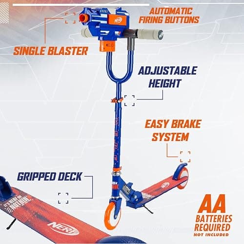 NERF Kick Scooter for Kids, Dual Barrel Blaster Fires Up to 40 Feet, Supports Up to 150lbs, Rear Brake, Sturdy Steel Frame, Wide Surface Textured Molded Deck, Outdoor Activities for Boys/Girls thumbnail 6