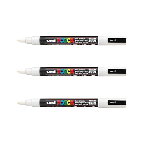 POSCA PC3M, 3 Marqueurs peinture base eau - Tout Support - Blanc | Uni Mitsubishi Pencil - Pointe fine conique 0,9-1,3mm. Couleurs couvrantes, permanentes sur surfaces poreuses - Image 1