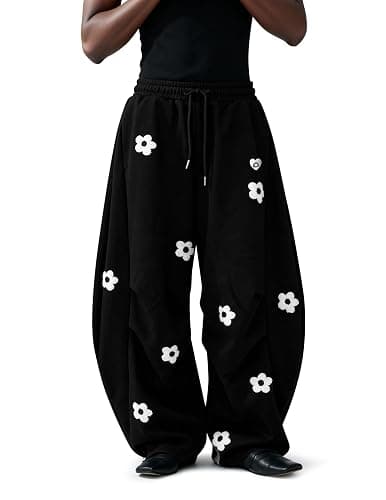 Aelfric Eden Baggy Wide Leg Sweatpants Flower Embroidery Casual Y2K Elastic Drawstring Lantern Barrel Lounge Trouser Pants thumbnail 7