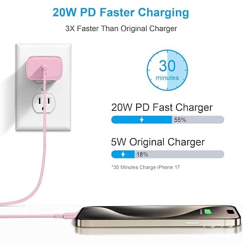 iPhone 17 16 15 Charger Fast Charging 10FT - 20W USB C Charger Block | with 10FT Type C to C Cable Compatible with iPhone 17/17 Pro/17 Pro Max/Air/16/16e/15, iPad Pro, iPad Air (Pink) thumbnail 2