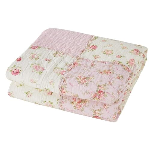 Cozyholy Original 100% Cotton Patchwork Quilt Twin Size Pink Floral Bedspread Coverlet Reversible Vintage Shabby Chic Quilted Throw Blanket Bed Quilt Cover for Couch Sofa thumbnail 7