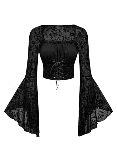 Verdusa Women's Gothic Flare Sleeve Flower Pattern Tops Velour Cross Lace-up Waist Crop Tops - Small - Black - Image 1