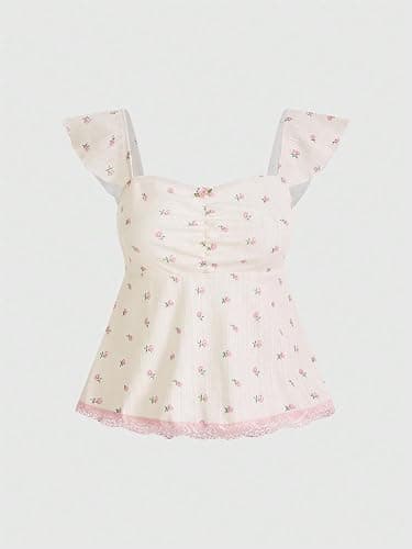 SHENHE Women's Floral Lace Trim Sweetheart Neckline Cap Sleeve Ruffle Peplum Cute Top thumbnail 5