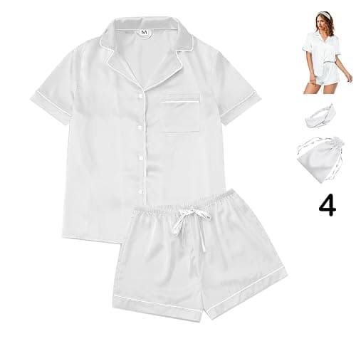 WJing Yi Jia 4Pcs Womens Satin Silky Pajama Sets Short Sleeve Shirt XS-4XL Floral Pajamas Set Soft PJ Loungewear Sleepwear thumbnail 3