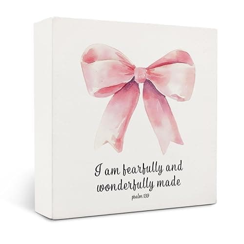 OVAcational Coquette Pink Christian Bow Wooden Signs,Coquette Room Decor,Christian Religious Wooden Box Sign,Pink Bow Room Decor For Girls Dorm Desk Shelf Tabletop Decoration 5x5 Inches - Image 1