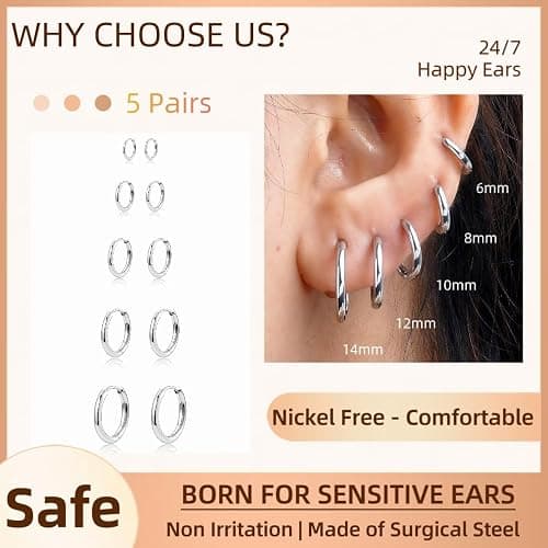 5 Pairs 14K Gold Plated Huggie Hoop Earrings for Women - Lightweight Minimalist Small Hoops, Hypoallergenic Nickel-free Lead-free, Non-Tarnish Everyday Jewelry for Sensitive Ears, Multiple Piercing Stack Set thumbnail 2