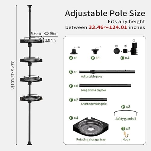 shuang qing 360° Rotating Corner Shower Caddy Tension Pole Organizer - 4-Tier Adjustable Rustproof Metal Pole, Plastic Shelves with Safety Guardrail, Bathroom Storage for Shower & Bathtub(Black) thumbnail 2