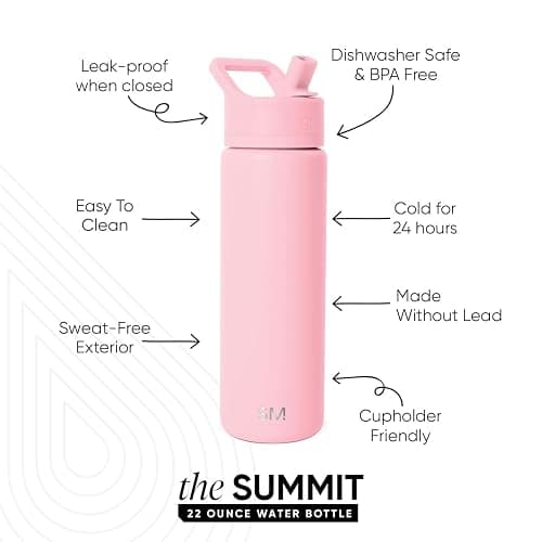 Simple Modern Water Bottle with Straw Lid Vacuum Insulated Stainless Steel Metal Cup Bottles | Reusable Leak Proof BPA-Free Flask for Gym, Travel, Sports | Summit Collection | 22oz, Blush thumbnail 2