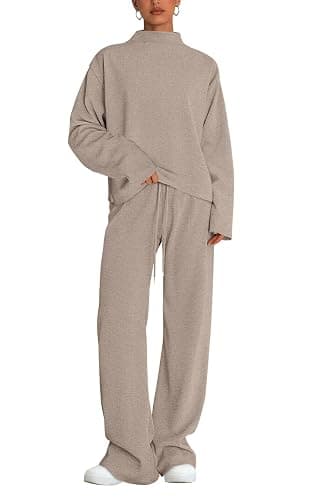 PRETTYGARDEN Two Piece Sets for Women Fall Sweatsuit Long Sleeve Knit Mock Neck Tops Wide Leg Pants Lounge Set Travel Outfits - Image 1