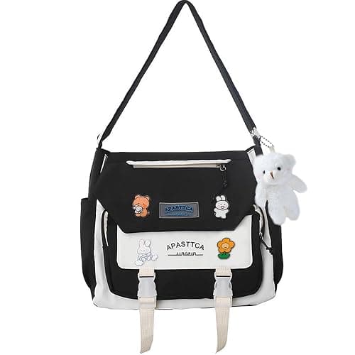 PRLINJSK Cute Messenger Bag for Teen Girls Women, Kawaii Crossbody Shoulder Purse with Pins and Stuffed Pendant Gift - Image 1