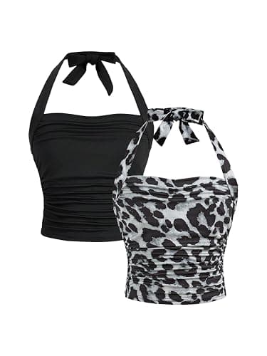 Floerns Girl's 2 Pcs Sleeveless Halter Top Leopard Print Ruched Y2k Tank Top - Image 1