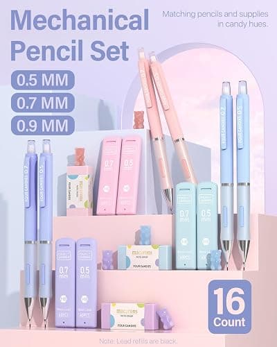 Four Candies Pastel Mechanical Pencil Set - 6PCS 0.5 mm & 0.7 mm & 0.9 mm Cute Mechanical Pencils with 360PCS HB Lead Refills, 3PCS Erasers and 9PCS Eraser Refills, Led Pencils Mechanical for Writing thumbnail 4