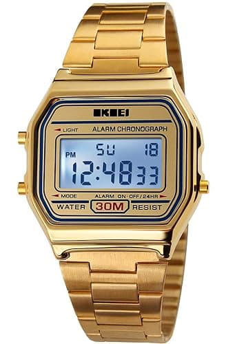 PASOY Men's Digital Gold Stainless Steel Watch Backlit Multifunction Stopwatch Waterproof Sport Watches - Image 1