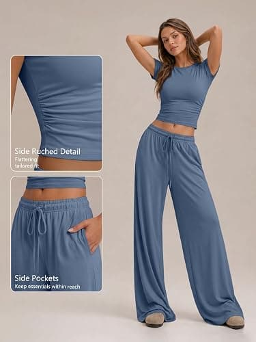 Trendy Queen Women's 2 Piece Matching Summer Lounge Set with Pockets | Vacation Airport Travel Outfits, Workout Gym Clothing Comfy Athleisure Clothes, Side-ruched Top, Drawstring Wide Leg Pants thumbnail 5