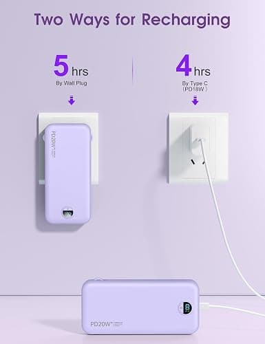 citicr Portable Charger 10000mAh PD20W w/Built-in Cables & Wall Plug Purple | Fast charging, Built-in wall plug, LED display, Charge 5 devices at once, Pass through charging, TSA approved, Pocket size thumbnail 8