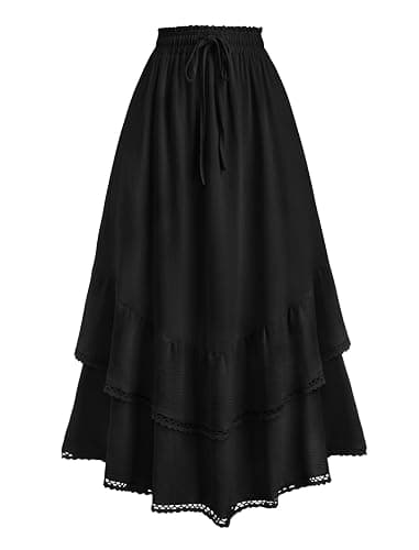 HUSKARY Maxi Skirts for Women Summer Fall High Waist Drawstring Long Skirt Ruffle Layered Medieval Skirts with Pockets - Image 1