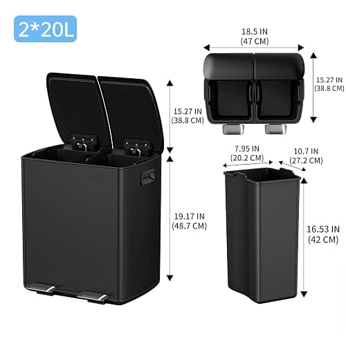 mVm Kitchen Trash Can,2x5.3Gallon(2x20L) Double Trash cans and Recycle Bin Combo with Lid and Anti-Fingerprint,Foot-Pedal,Soft-Close.Stainless Steel Garbage Can for Kitchen,Living Room(Matte Black) thumbnail 6