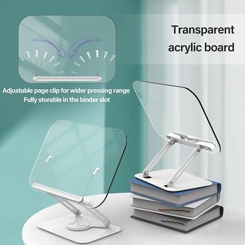 BYMECOST Acrylic Book Stand for Reading, Adjustable Book Holder with 360° Rotating Base & Elastic Page Clips, Foldable Desktop Riser Stand for Cookbook,Laptop,Tablet,Music Scores,Recipe,Textbook thumbnail 4