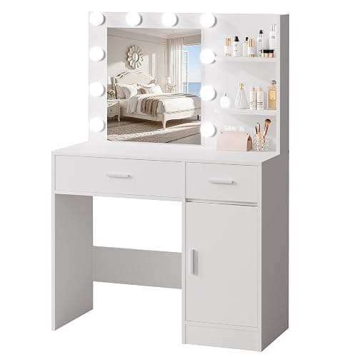 LIVELYGLOW Lighted Makeup Vanity Desk, 35.4“W x 15.7'”D x 54“H, White (with Lights and Mirror, Dimming Function, 2 Drawers and 1 Cabiniet, Open Shelves) by Boahaus thumbnail 4