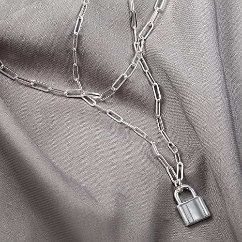 BOUTIQUELOVIN Layered Necklace for Women Silver Paperclip Link Chain Necklace with Lock Pendant Set of 2 Necklaces thumbnail 5