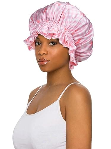 Vettres Floral Satin Bonnet with Scrunchie Set,Double Layer Ruffle Reusable Sleeping Shower Cap for Curly Hair Pink-bow thumbnail 3