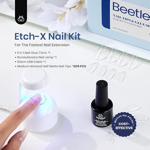 Beetles Gel Nail Kit Etch-X, Almond Medium, 500pcs 12 Sizes, with 9 in 1 Glue Mini Nail Lamp, Pre-Etched Half Matte Easy Extension Set for Home DIY Salon Manicure Art thumbnail 2