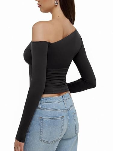 REORIA Womens 2026 Fall Fashion Long Sleeve Shirts Double Lined Casual Slim Fitted Off The Shoulder Tops thumbnail 3