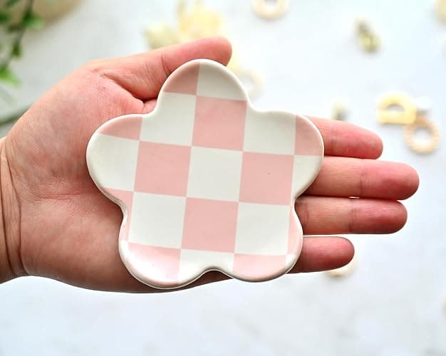 OVENKEI Preppy Teen Girls Gifts - Trendy Pink Room Decor, Checkered Jewelry Tray thumbnail 3