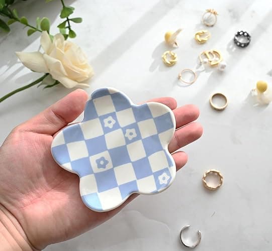 OVENKEI Teen Girls Gifts Trendy Stuff Aesthetic Room Decor Bedroom Decor Aesthetic Preppy Room Decor Aesthetic Stuff Checkered Jewelry Tray, Blue thumbnail 3