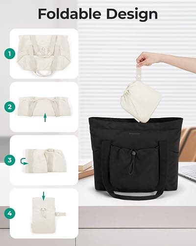 BAGSMART Foldable Tote Bag with Drawstring Bag, Large Tote Bag Shoulder Bag Top Handle Handbag for Travel, Work, Beach, Gym thumbnail 4