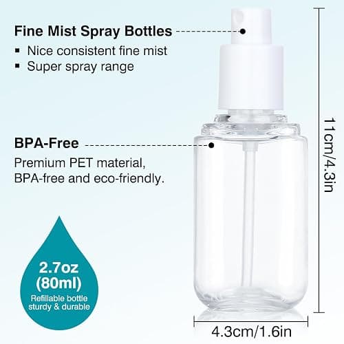 Travel Spray Bottle 3 Pack 2.7oz/80ml Portable Plastic Small Spray Bottles Refillable Mini Spray Bottle Empty Fine Mist Spray Bottles for Makeup Removers, Perfume, Essential Oils Toners Rose Waters thumbnail 3
