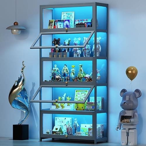 Display Cabinet with Acrylic Glass Doors, 5-Tier Transparent Bamboo Curio Display Case for Figures, Display Shelves for Collectibles & Kids Bookcase for Home, Office, Playroom, Living Room - Grey-flip Door thumbnail 7