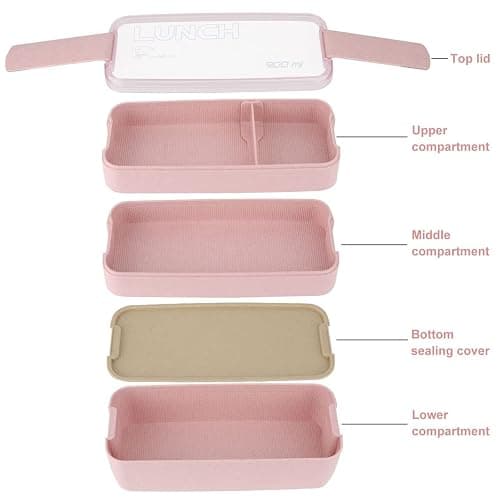 Rarapop 2 Pack Stackable Bento Box Japanese Lunch Box Kit with Spoon & Fork, 3-In-1 Compartment Wheat Straw Meal Prep Containers for Kids & Adults (Pink/Beige) thumbnail 4