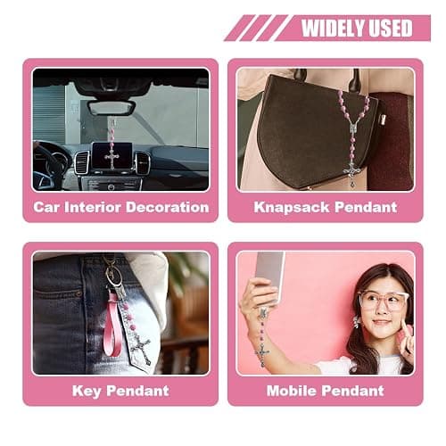 2PCS Pink Rosary Pendant Car Interior Rear View Mirror Charm Auto Decors, Medal and Cross Personalized Hanging Accessories for Women Men (Rose) thumbnail 4