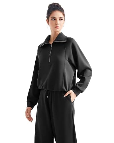 SUUKSESS Women 2 Piece Lounge Matching Set Wide Leg Sweatpant Half Zip Sweatshirt thumbnail 2