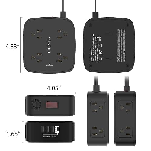 10 Ft Surge Protector Power Strip - YISHU 8 Widely Outlets with 4 USB Ports, 3 Side Outlet Extender with 10 Feet Flat Extension Cord, Ultra Flat Plug, Wall Mount, Desk USB Charging Station, ETL, Black thumbnail 7