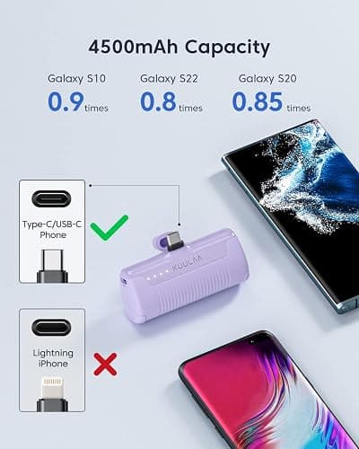 Kuulaa Portable Charger USB C Power Bank 4500mAh Small Portable Phone Charger Android Compact Plug in Battery Pack Portable Compatible with iPhone 15, Samsung Galaxy, Moto, LG, Pixel, Purple thumbnail 3
