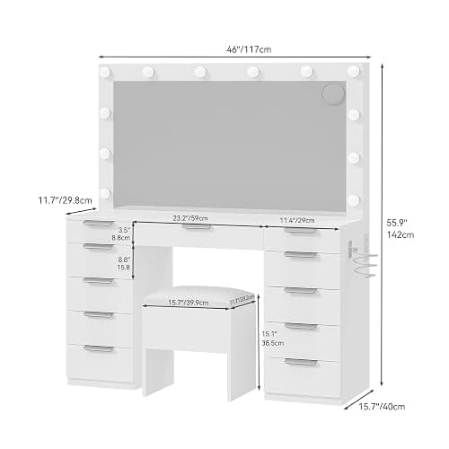 YITAHOME Vanity Table with LED Mirror, 11 Drawer Makeup Desk with Charging Ports, 3 Light Settings & Comfortable Stool thumbnail 2