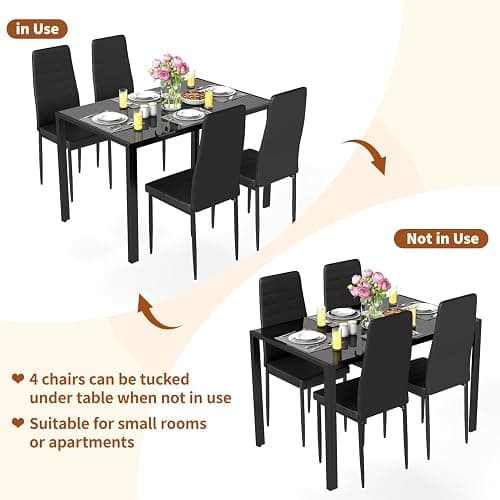 FDW | Dining Table Set for 4 | 5-Piece Glass Black Dining Table | Kitchen Table with 4 Upholstered Chairs and Faux Leather Cushions | Space-Saving and Modern Design | for Dining Room, Easy to Assemble thumbnail 4
