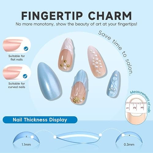 HOSAILY 3D Summer Beach Press on Nails Medium Almond, Blue White Ombre Shell Star Pearl Designs Semi-Handmade Full Cover Stick on Nails Gift for Women, 24Pcs Glossy Reusable Fake False Nails with Glue thumbnail 4